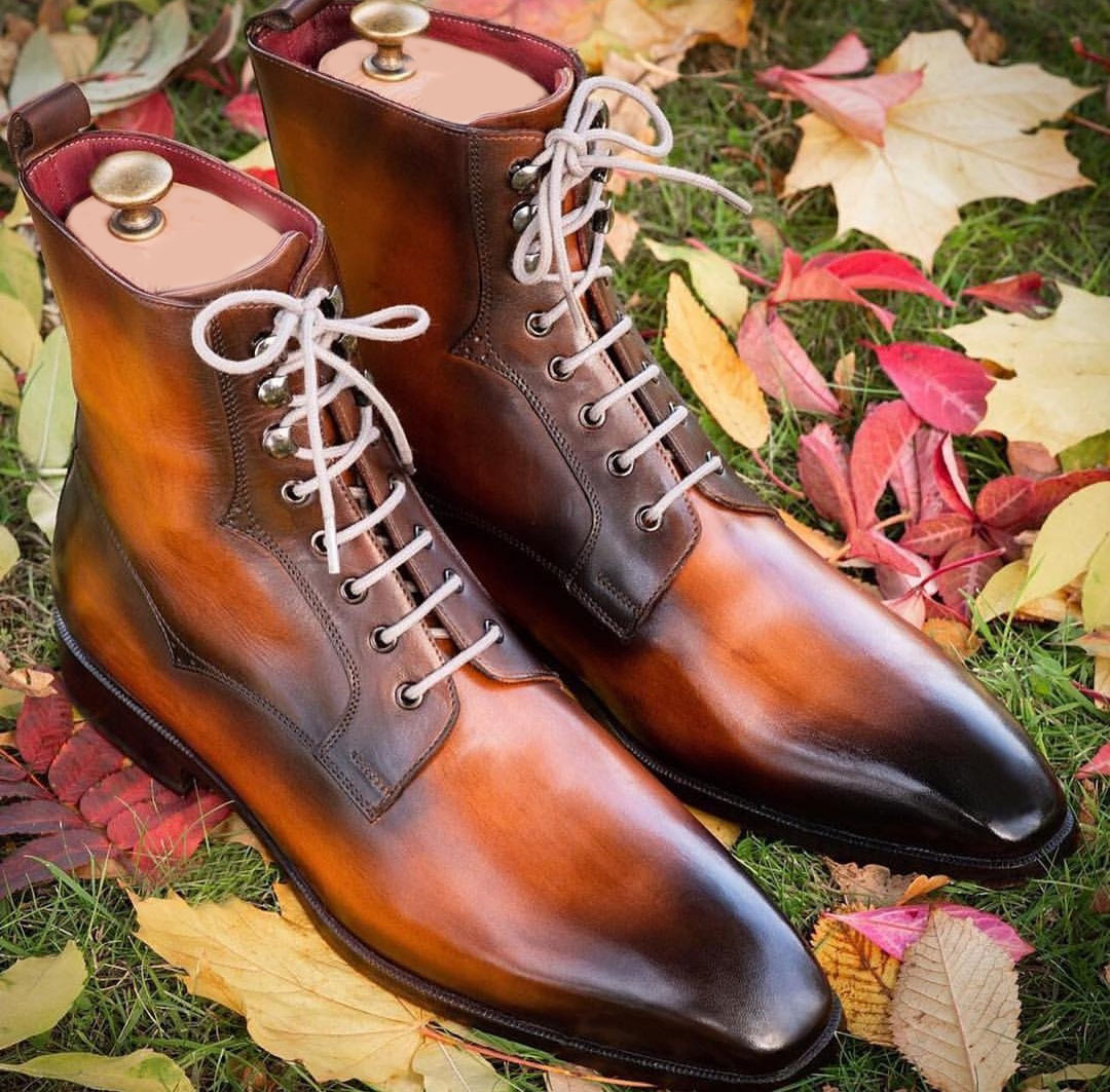 NEW Handmade Mens New 2 Tone Brown Ankle High boot, Men's Lace Up Leather Dress