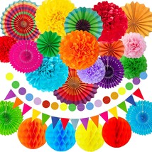 Fiesta Paper Fan Party Decorations Set, 24Pcs Colorful Paper Fans, Hollow Paper  - £24.04 GBP