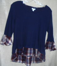 Westport Womens Size XL Knit Top 3/4 Sleeves Blue Plaid Bell Sleeves wit... - £7.06 GBP
