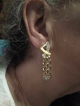 VINTAGE CLIP GOLD TONE BUTTON EARRINGS  W/ PANTHER STYLE CHAIN DANGLE - $24.00