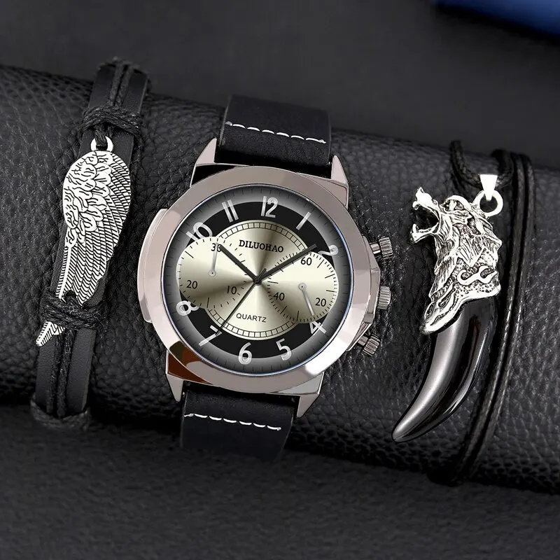 3PCS Set Fashion Mens celet Neck  Men Business Wrist Watch Clic Male Casual Leat - £80.22 GBP