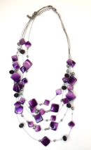 Purple Glass &amp; Silver Tone Bead Multi-Strand Necklace Square, Round &amp; Faceted - £14.61 GBP