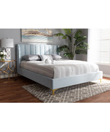 Connor Light Blue Velvet Fabric Queen Size Platform Bed w/Gold-Tone Legs - $795.00