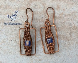 Handmade copper earrings: rectangle framed wire weave with blue cube crystals - £27.97 GBP