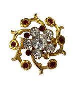 Vintage Gold Tone Floral Rhinestone Brooch Red Clear Crystal Pin Statement - $17.10