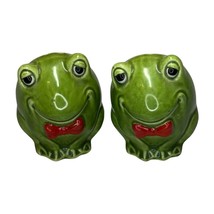 Vintage Pair of Green Happy Frog with Bowtie Salt &amp; Pepper Shakers Ceramic - $24.18