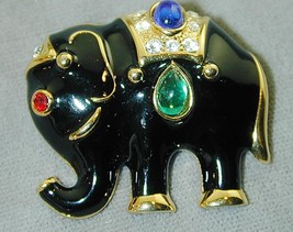Gold Tone Black Enamel Jeweled Elephant Pin Colorful Cabochons - £23.48 GBP