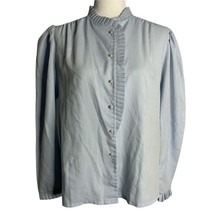 Vintage Pleated Collar Button Down Shirt M Blue Stripe Pearl Buttons Lon... - $25.97