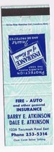 Matchbook Cover Barry &amp; Dale Atkinson Insurance Windsor Ontario - £0.76 GBP