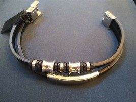2 Strand Stainless Steel Beaded Black PU Leather Bracelet. Be a Rockstar! ~New~ - £7.91 GBP