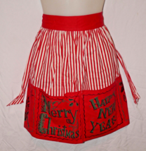 1950s Whimsical Merry Christmas Happy New Year Red White Half Apron w Pockets - £23.94 GBP