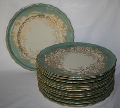 Rosenthal Ivory Germany #6279 Seafoam Green Gold Dinner Plates -Set of 12- - $1,200.00