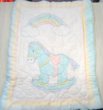 Baby Dreams vintage quilt baby crib comforter Blue Rocking horse Rainbow USAmade - $49.49