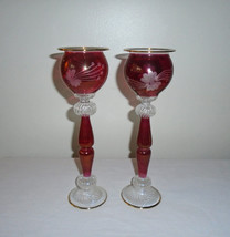 Venetian Floral Etched Cranberry Glass Candle Holders Set of Two 11&quot; Gold Gilt - £48.42 GBP