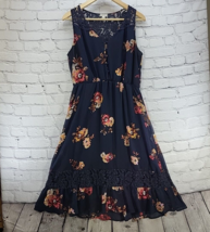 Eyeshadow Dress Womens Sz L Navy Floral Sundress Lace Accents Midi Cotta... - $24.74