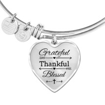 Grateful Thankful Blessed Heart Bangle Stainless Steel or 18k Gold 18-22&quot; - £37.81 GBP+