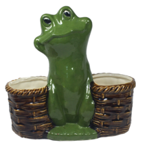 Vintage Retro Green Frog &amp; Brown Baskets Double Ceramic Planter - £26.74 GBP