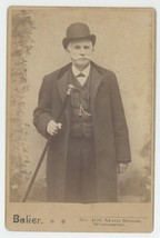 Antique c1880s Cabinet Card Dapper Man Mustache Hat Walking Cane Worcester, MA - £18.40 GBP