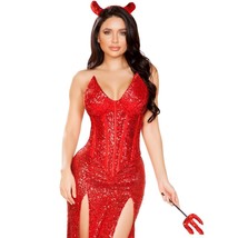 Devil Costume Set Pointed Sequin Corset Long Maxi Skirt Horns Pitchfork Red 4911 - £43.95 GBP