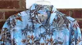 Island Shores XL Men&#39;s Hawaiian Shirt Light Blue Rayon Flowers Fronds Trees - £9.31 GBP