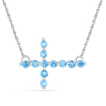 Sterling Silver Round Lab-Created Blue Topaz Cross Faith Pendant Necklac... - £55.78 GBP