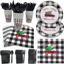 144 PCS Merry Christmas Tree Red Truck Party Plates Silverware Napkins Cups - £19.78 GBP