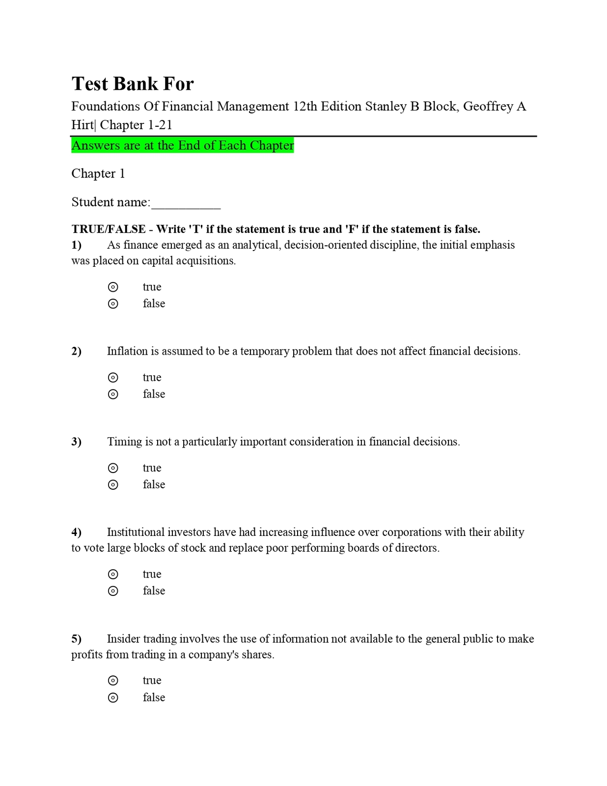 Test Bank For Foundations Of Financial Management 12th Edition Stanley B... - $17.99