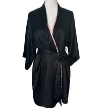 Victoria&#39;s Secret Black Satin Short Robe Pink Trim Wide Sleeve Pockets S... - £15.56 GBP