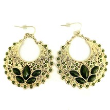 lia sophia Donoma Boho Dangle Earrings Gold Tone w/ Green &amp; Clear Cavachons - £8.69 GBP