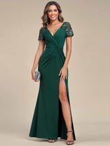 Deep V-Neck Sequin Short Sleeve High Side Front Slit Mother of the Bride Dress - £50.75 GBP