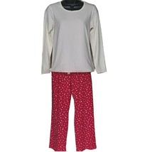 Lands End Womens Small, Knit Pajama Set Long Sleeve Ivory Top Red-White ... - £13.58 GBP