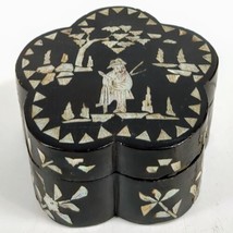 Vintage Asian Jewelry Trinket Box Mother of Pearl Inlay Black Lacquer Or... - $17.05