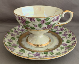 Vintage Lefton Violets Iridescent Gold Pedestal Tea Cup &amp; Saucer Hand Painted - £13.95 GBP