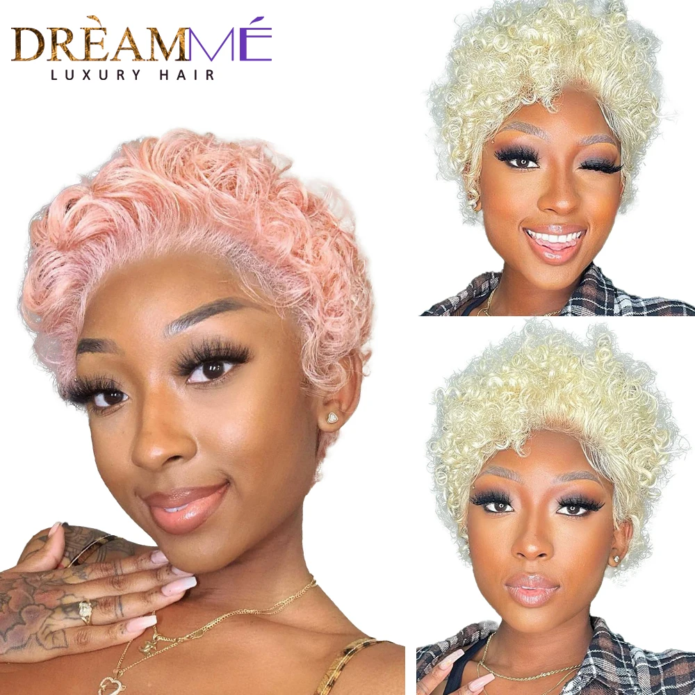 Pink Curly Bob Wig 13x4 Lace Front Human Hair Wigs 613 Blonde Short Pixie C - £81.38 GBP+
