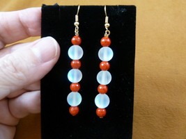 (EE390-27) Moonstone + Red Mother of Pearl gemstone dangle gold hook earrings - £12.67 GBP