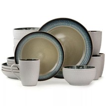 Elama Modern Dot 16 Pc Stoneware Dinnerware Set in Taupe with Blue - £59.89 GBP