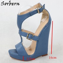 Vintage Blue Women Wedges Sandal High Heel Platform Summer Shoes T-Strap Customi - £189.81 GBP