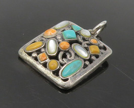 925 Silver - Vintage Turquoise Mother Of Pearl &amp; Jasper Pendant - PT13558 - $30.19