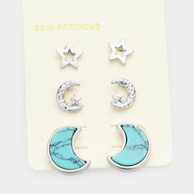 Turquoise moon star 3 pair stud set - $11.88