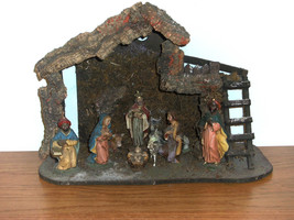 Vintage Nativity Scene Christmas Chalkware Wood Manger Wise Men Italy - £19.42 GBP