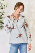 Double Take Full Size Sequin Football Half Zip Long Sleeve Sweatshirt - £36.03 GBP