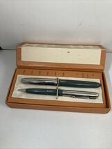 Parker 51 Fountain Pen &amp; Pencil Set  Chrome Trim Green/Grey Monogrammed ... - $69.25
