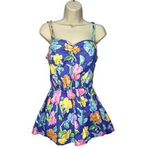 Vintage Gabar One Piece Swimsuit Blue Floral Shorts Size 10/Small Tropical 60s  - $49.44