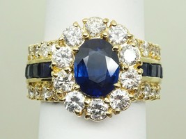 5.36ct tw Natural Sapphire &amp; Earth Mined Diamond 3-Row Ring 14k Gold Size 6.75 - £7,404.62 GBP