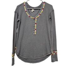 We The Free Grey Henley Top Rainbow Trim Long Sleeve Thermal Cozy Boho S... - $9.99
