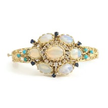 Vintage 1950&#39;s Opal Diamond Turquoise Bangle Bracelet 14K Yellow Gold, 2... - £2,863.17 GBP