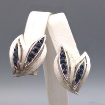 Vintage Crown Trifari Earrings, Brushed Silver Tone and Sapphire Blue Crystal - £58.36 GBP