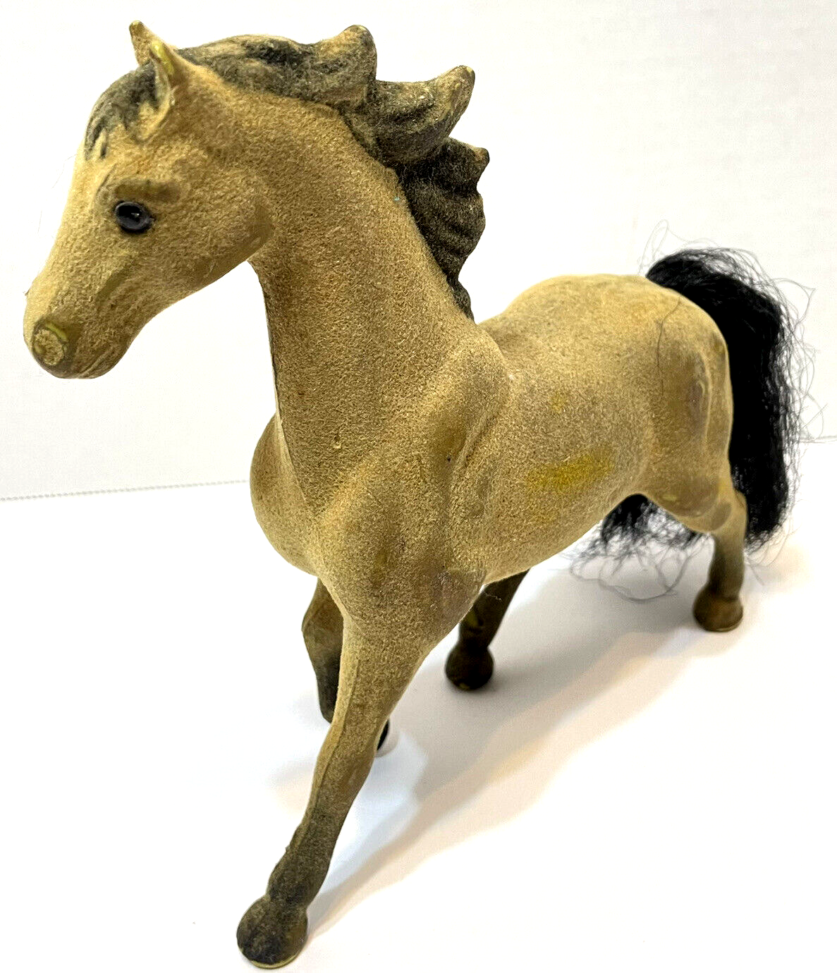 Primary image for Rare Vintage Flocked Toy Horse Collectible Brown Molded Mane Black Hair Tail 7"