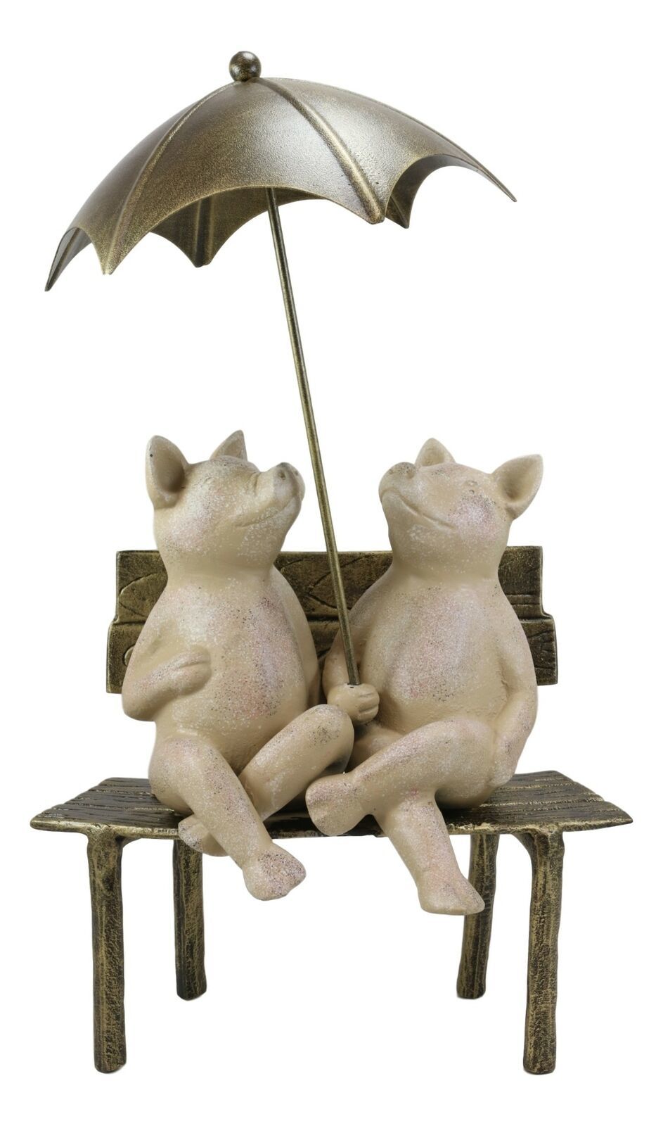 19" Aluminum Rain Romance Pig Couple On Bench With Umbrella Rustic Garden Statue