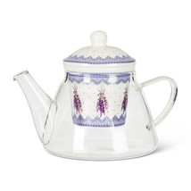 Lavender Sprig Teapot with Lid Strainer 3 piece Set 24 oz Ceramic Clear Glass
